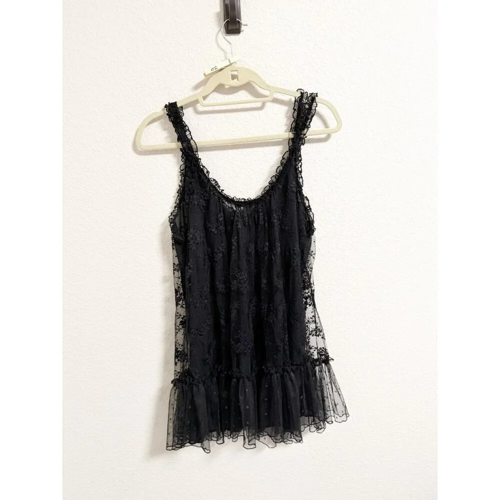 Oscar De La Renta Y2K VIntage Pink Label Black Lace Ruffle Babydoll Slip Dress L